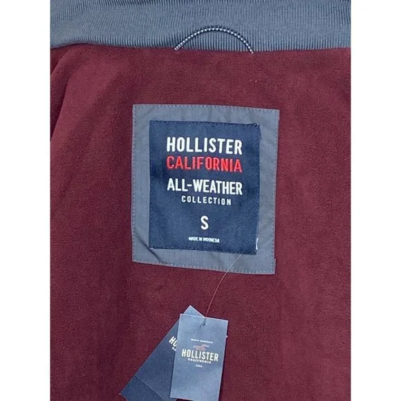 Hollister All-Weather Fleece-Lined Hooded Mens Jacket Gray Burgandy M Med NWT - Picture 4 of 4